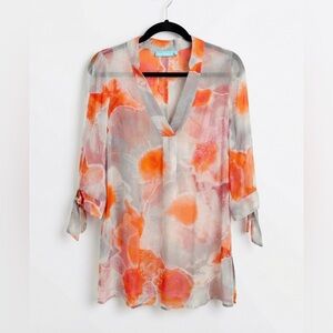 Blue Illusion Women's XS Small 100% Silk Blouse Tropical Print Lightweight